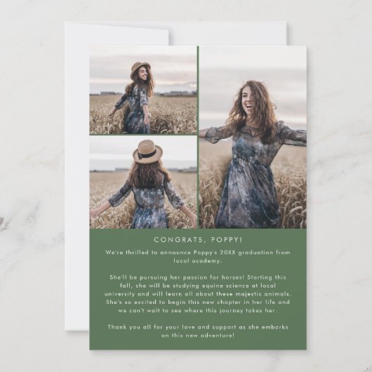 Chique Groene Bericht Fotocollage Afstuderen Aankondiging (Achterkant)
