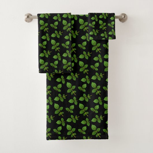 Chique groene bladeren op zwart bad handdoek (Insitu)