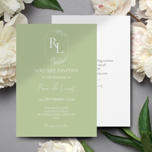 Chique Groene Bloemen Monogram Bruiloft Uitnodigin Kaart