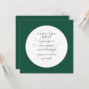 Chique groene en witte monogram save the date
