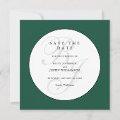 Chique groene en witte monogram save the date (Voorkant)