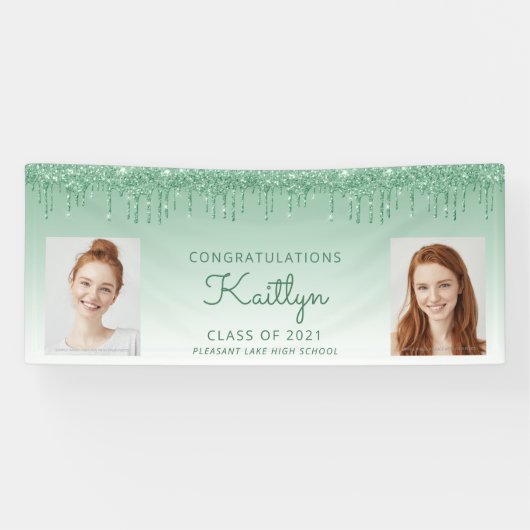 Chique groene glittersluier twee foto afstuderen spandoek (Horizontaal)