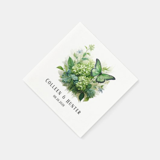 Chique groene hortensia bloemenvlinder bruiloft servet (Hoek)