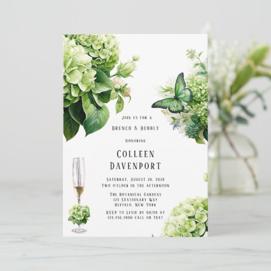 Chique Groene Hydrangea Vlinder Brunch & Bubble Kaart (Staand voorkant)