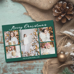 Chique groene kerst familiefotocollage feestdagenkaart