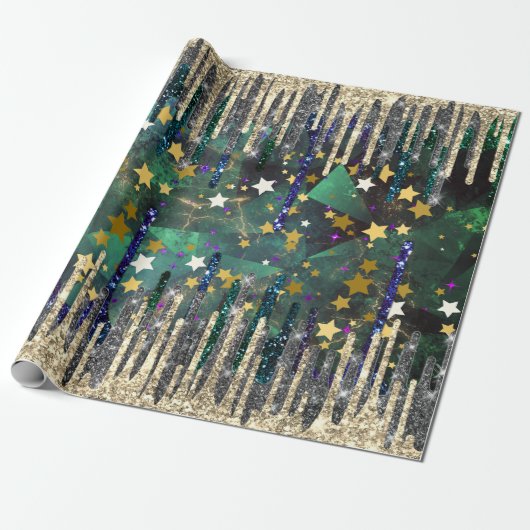 Chique groene turquoise gouden glitter druppels cadeaupapier (Uitgerold)
