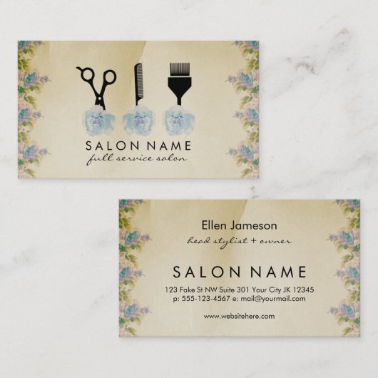 Chique  haarstyliste haarstyliste blauw roos visitekaartje (Voorkant / Achterkant)