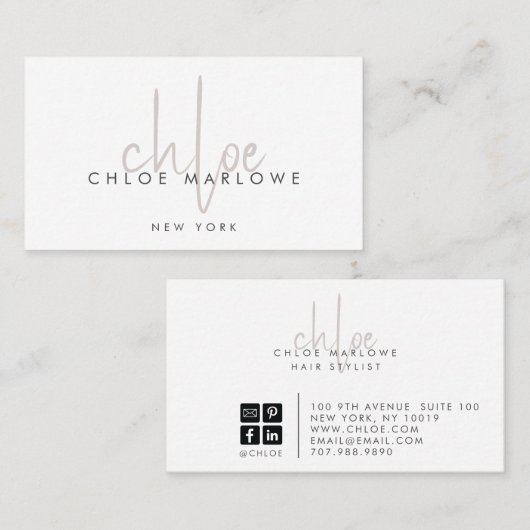 Chique haarstyliste minimalistisch monogram visitekaartje (Voorkant / Achterkant)