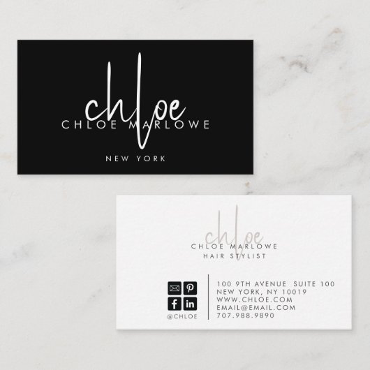Chique haarstyliste minimalistisch monogram zwart visitekaartje (Voorkant / Achterkant)