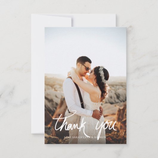 Chique hand beletterde foto bruiloft bedankkaart (Voorkant)