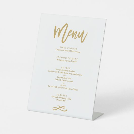 Chique hand geletterd gouden bruiloft menu reclamebord met voetstuk (Voorkant)