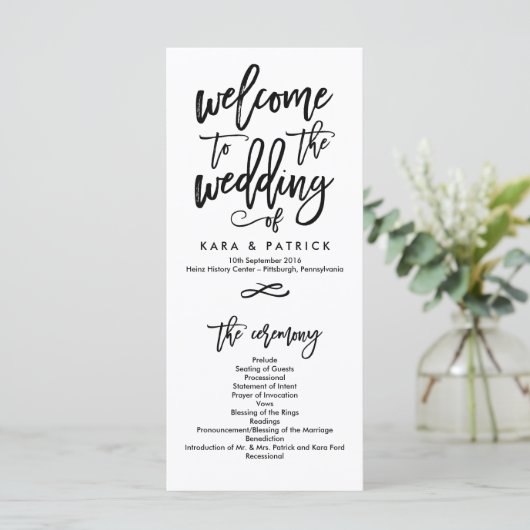 Chique Hand Lettered Bruiloft Ceremonie Programma Programmakaart (Staand voorkant)