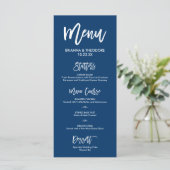 Chique Hand Lettered Bruiloft Menu Marine Blauw (Staand voorkant)