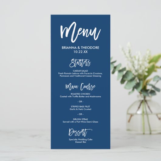 Chique Hand Lettered Bruiloft Menu Marine Blauw (Staand voorkant)