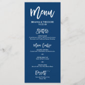 Chique Hand Lettered Bruiloft Menu Marine Blauw (Voorkant)