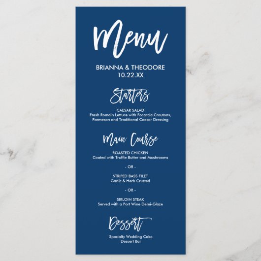 Chique Hand Lettered Bruiloft Menu Marine Blauw (Voorkant)