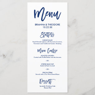 Chique Hand Lettered Bruiloft Menu Marine Blauw