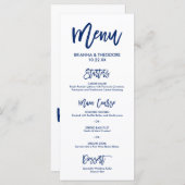 Chique Hand Lettered Bruiloft Menu Marine Blauw (Voorkant / Achterkant)