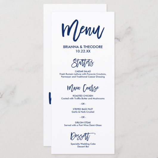 Chique Hand Lettered Bruiloft Menu Marine Blauw (Voorkant / Achterkant)