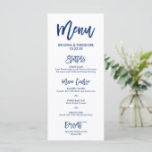 Chique Hand Lettered Bruiloft Menu Marine Blauw (Staand voorkant)
