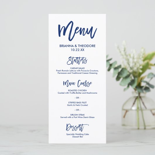 Chique Hand Lettered Bruiloft Menu Marine Blauw (Staand voorkant)