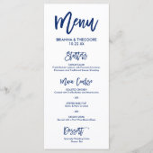 Chique Hand Lettered Bruiloft Menu Marine Blauw (Voorkant)