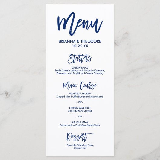 Chique Hand Lettered Bruiloft Menu Marine Blauw (Voorkant)