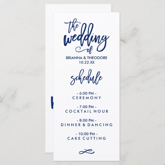 Chique Hand Lettered Bruiloft Menu Marine Blauw (Voorkant / Achterkant)