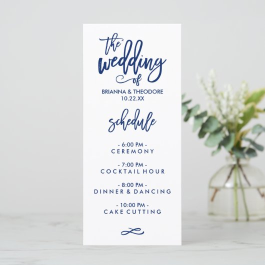 Chique Hand Lettered Bruiloft Menu Marine Blauw (Staand voorkant)