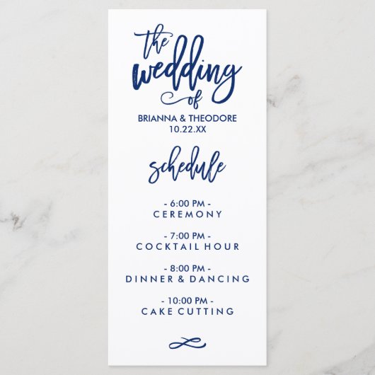 Chique Hand Lettered Bruiloft Menu Marine Blauw (Voorkant)