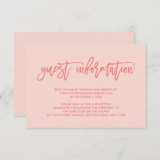 Chique Hand Lettered Coral Wedding Gasteninformati Informatiekaartje (Voorkant / Achterkant)