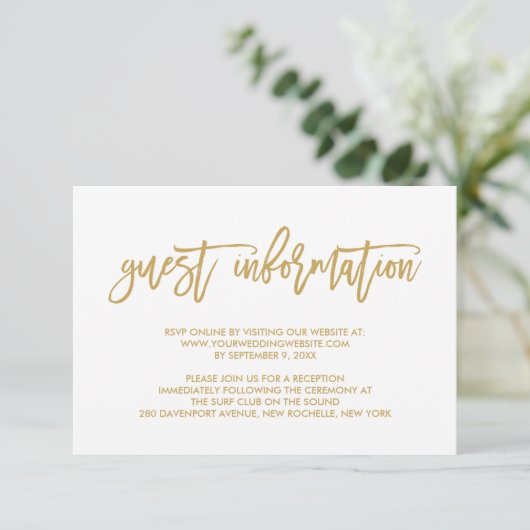 Chique Hand Lettered Gold Wedding Gast Informatie Informatiekaartje (Staand voorkant)