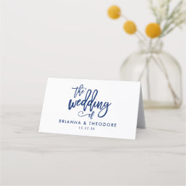Chique Hand Lettered Navy Bruiloft Gevouwen Escort Plaatskaartje