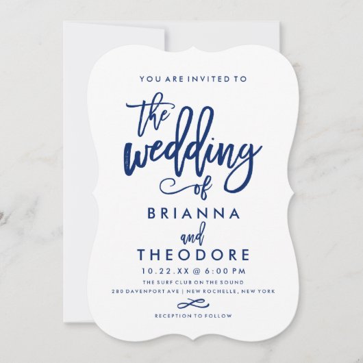 Chique Hand Lettered Navy bruiloft uitnodiging (Voorkant)