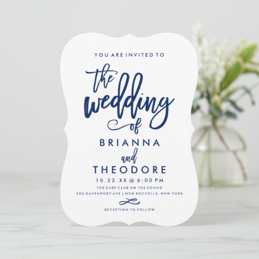Chique Hand Lettered Navy bruiloft uitnodiging (Staand voorkant)