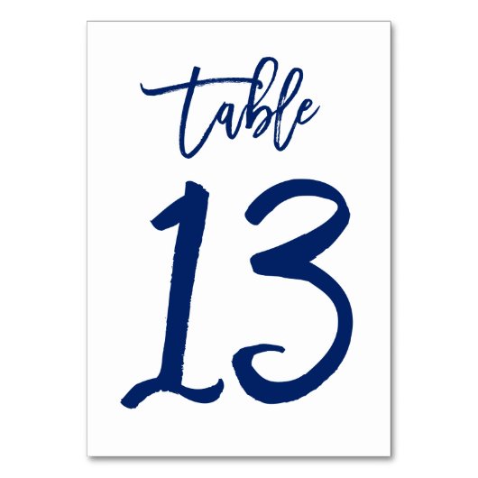 Chique Hand Lettered Table Number Navy | Tabel 13 Kaart (Voorkant)
