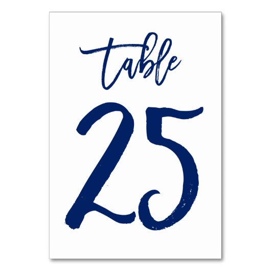Chique Hand Lettered Table Number Navy | Tabel 25 Kaart (Voorkant)