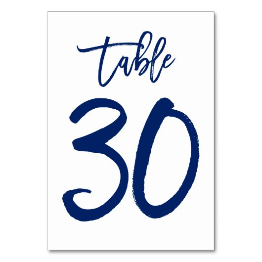 Chique Hand Lettered Table Number Navy | Tabel 30 Kaart (Voorkant)
