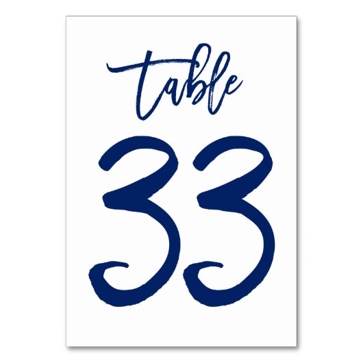 Chique Hand Lettered Table Number Navy | Tabel 33 Kaart (Voorkant)
