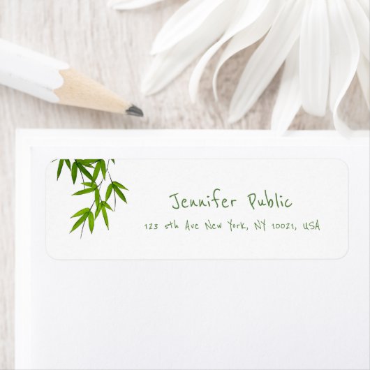 Chique Hand Script Waterverf Bamboe Leaves Adres Etiket (Insitu)