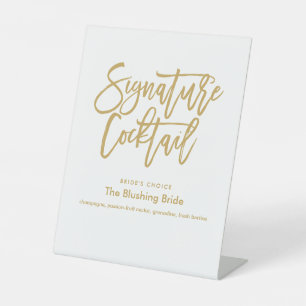 Chique handgeschreven gouden handtekening cocktail reclamebord met voetstuk