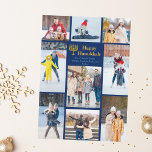 Chique Happy Chanoeka familie foto collage blauw g Feestdagenkaart<br><div class="desc">Chique aanpasbare Joodse familie fotocollage Chanoeka kaart met een collectie van winterfoto's. Voeg 9 van je favoriete Chanoeka herinneringen toe aan deze moderne 9 foto lay-out rond een menora en gouden script. Fijne Chanoeka.</div>