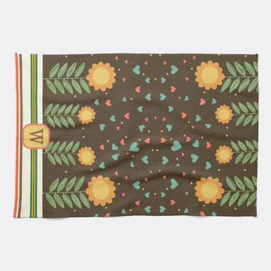 Chique hart bloemmotief bruin monogram Initiaal Theedoek (Horizontaal)