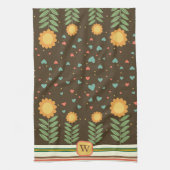 Chique hart bloemmotief bruin monogram Initiaal Theedoek (Verticaal)