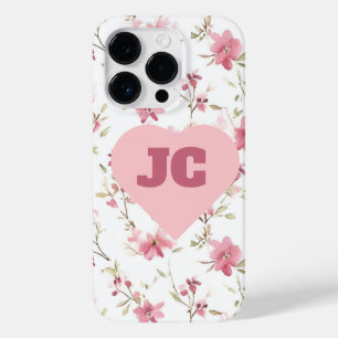 Chique hart Monogram Initialen Roze Bloemen Shabby Case-Mate iPhone 14 Pro Hoesje