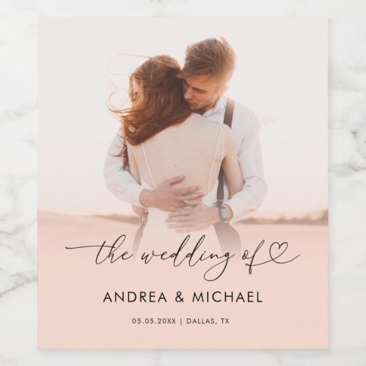 Chique Hart Script Pink Faded Foto van de bruiloft Wijn Etiket (Enkel label)