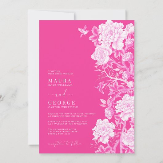 Chique Heet Roze Chinoiserie Bloem Tuin Bruiloft Kaart (Voorkant)