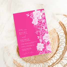 Chique Heet Roze Chinoiserie Bloem Tuin Bruiloft Kaart