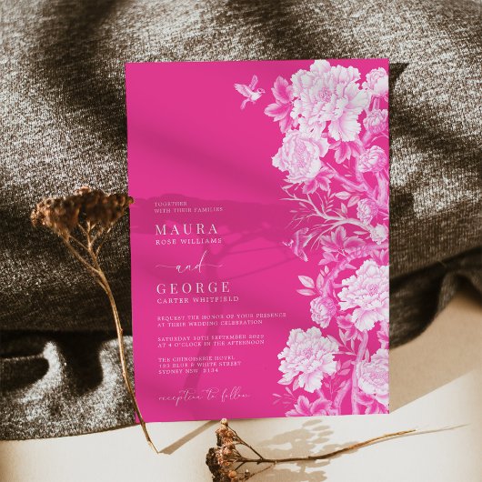 Chique Heet Roze Chinoiserie Bloem Tuin Bruiloft Kaart