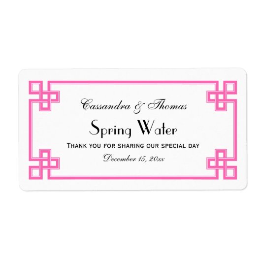 Chique Heet Roze Grieks Sleutel Lijst H Water Fles Etiket (Voorkant)